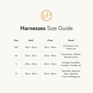 Harnesses size guide with HGP brand logo at the top