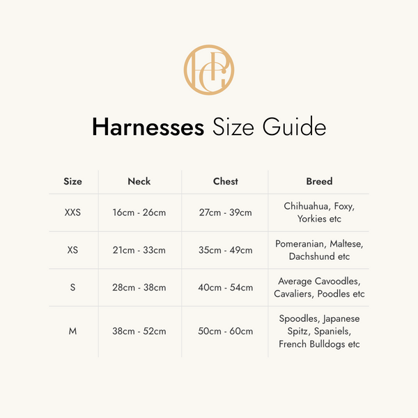 Harnesses size guide with HGP brand logo at the top