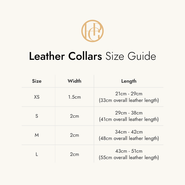 HGP Leather collars size guide with measurements on a white background