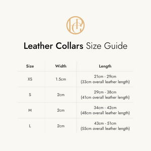 HGP Leather collars size guide with measurements on a white background
