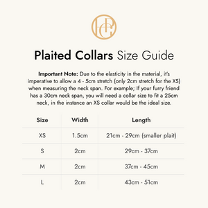 Plaited Collars Size Guide with measurements and HGP brand logo.