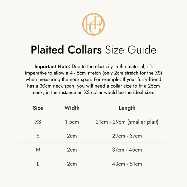 Plaited Collars Size Guide with measurements and HGP brand logo.