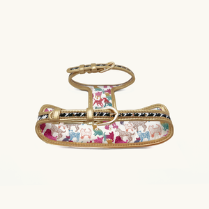 Rear of houndstooth Dog harness with colorful animal pattern and gold buckles