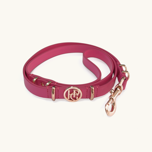 Pink leather dog leash with gold hardware