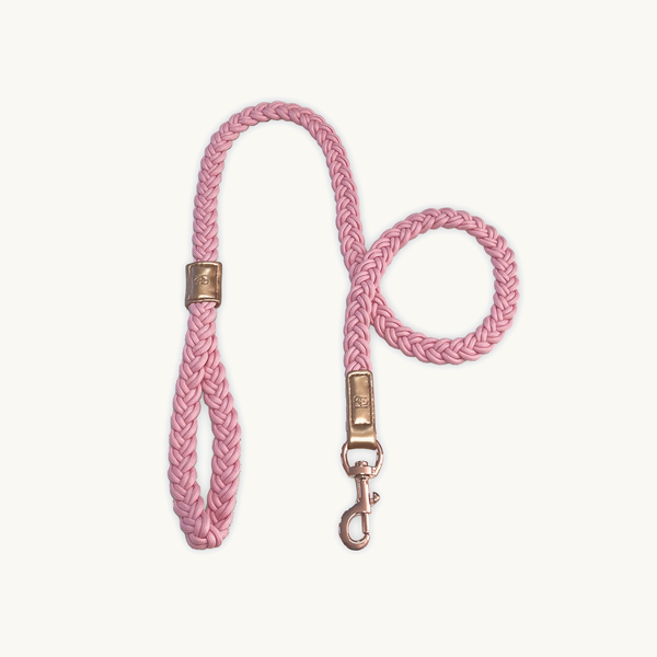Pink braided Peony dog leash with gold clasp