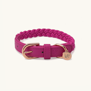 Scarlet Pink braided dog collar with gold hardware