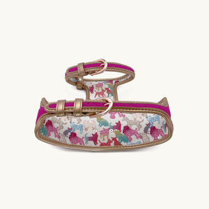 Rear of Scarlet pink Dog harness with colorful poodle pattern