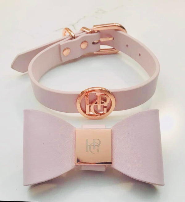 Blush Leather Bow Dog Collar