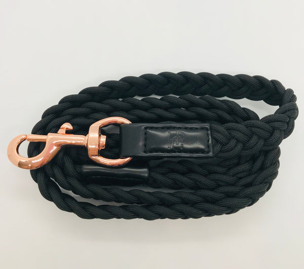 Black Plaited Dog Lead - Rose Gold