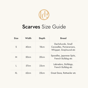 HGP Scarves size guide with dimensions and breed recommendations on a white background