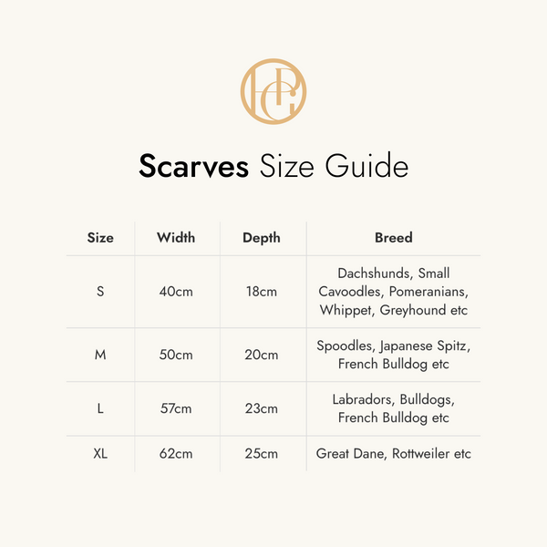 HGP Scarves size guide with dimensions and breed recommendations on a white background