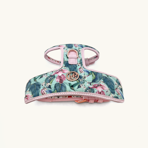 Hummingbird floral patterned dog harness with pink and gold accents 