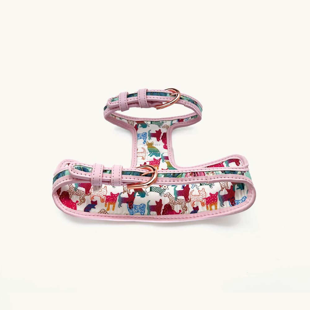 Hummingbird floral patterned dog harness with pink and gold accents 