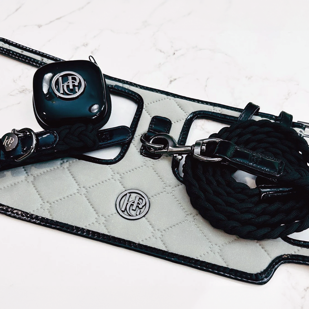 Greyson Grey and Black leather dog harness and rope on a white textured surface with a brand logo.