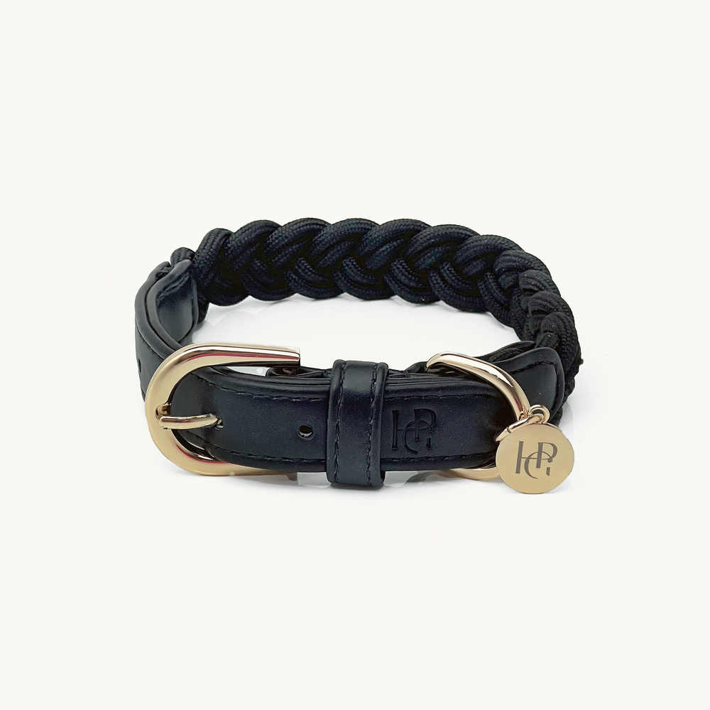 Midnight Black Plaited Dog Collar