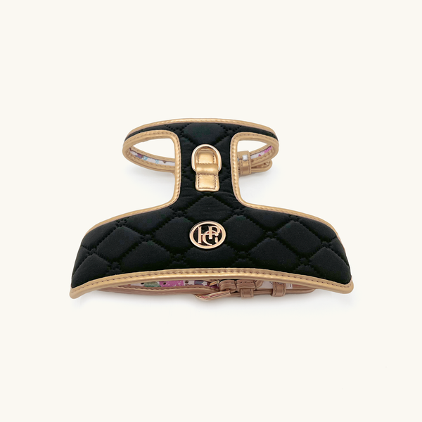 Midnight Black quilted dog harness with gold accents 