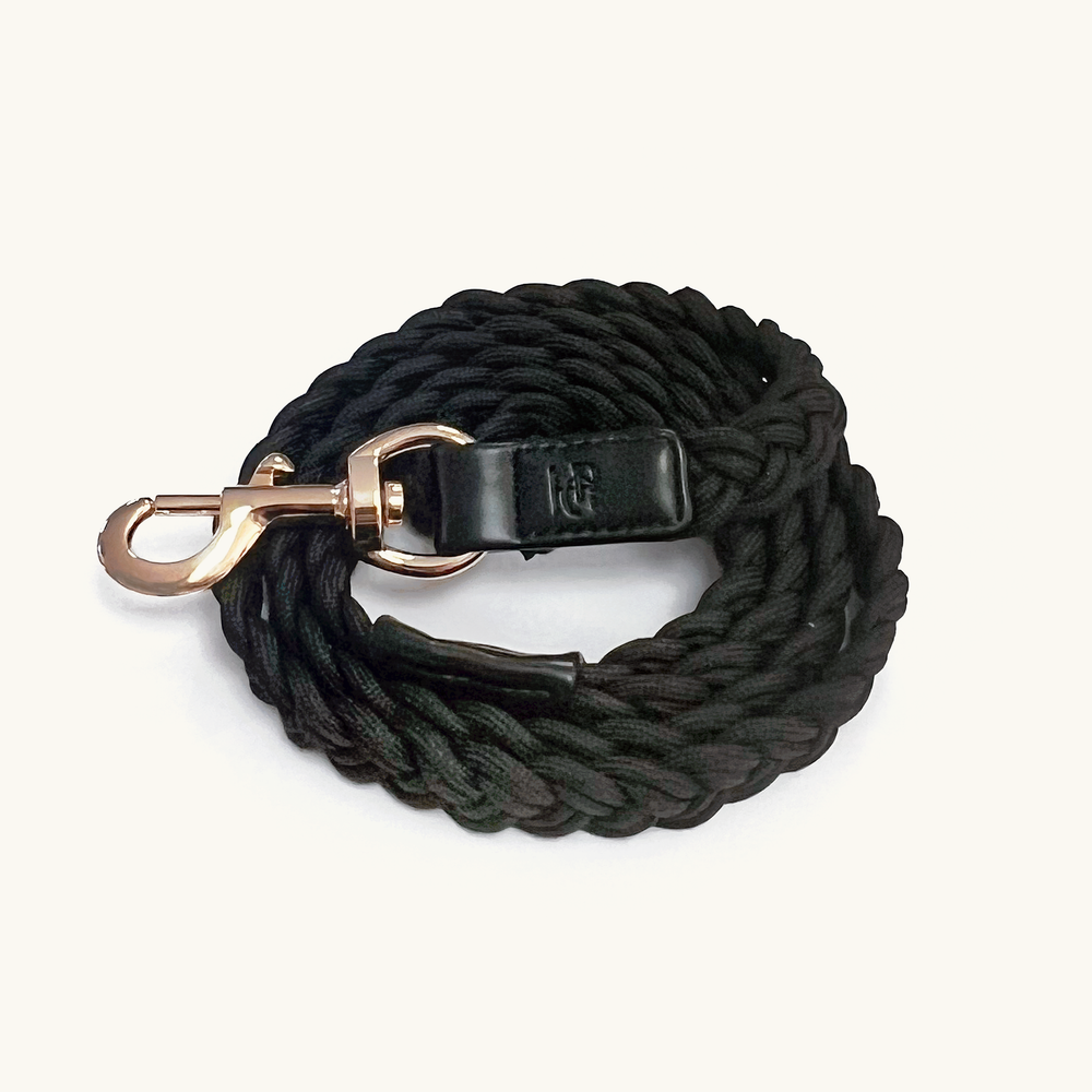 Midnight Black braided dog leash with gold clasp