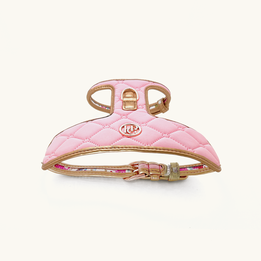 Peony Pink quilted dog harness with gold hardware 