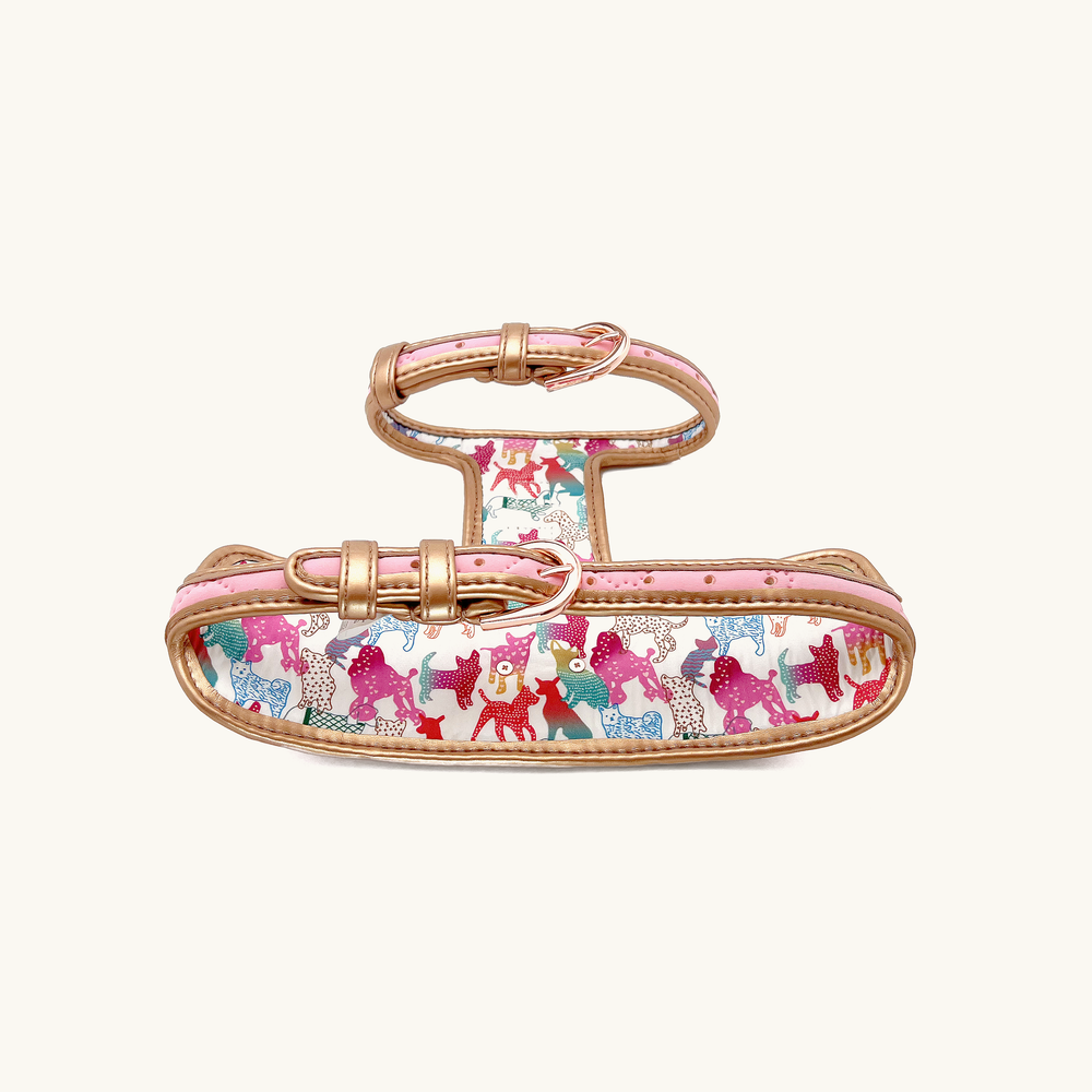 Peony Pink quilted dog harness with gold hardware 