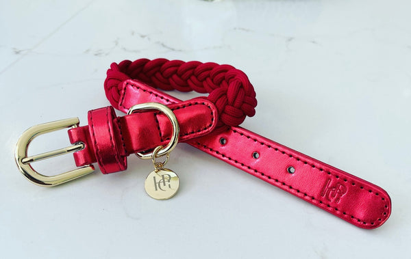 Dog Collar Ruby Red Plaited