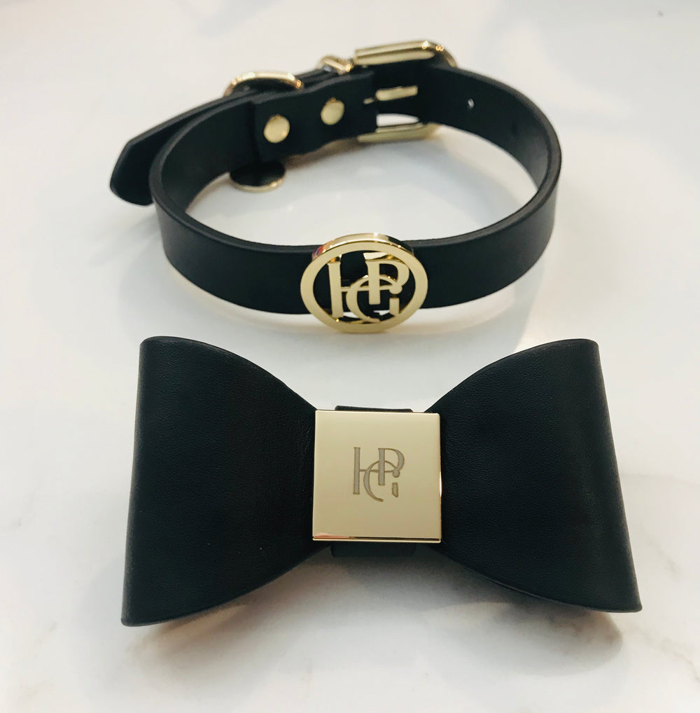 Midnight Leather Bow Dog Collar