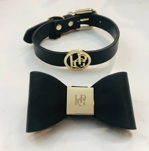 Midnight Leather Bow Dog Collar