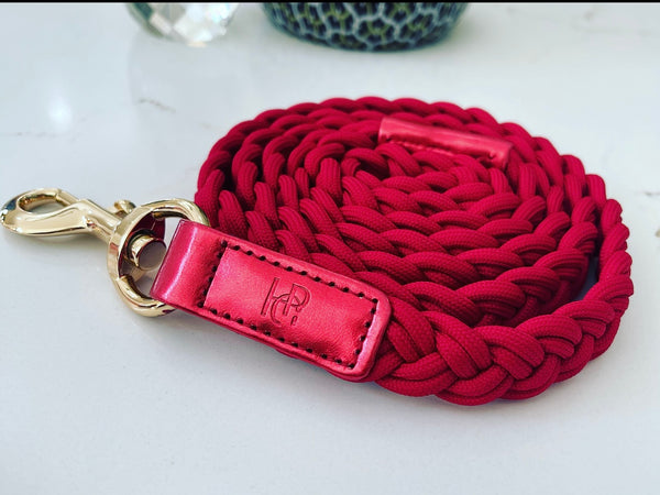 Dog Lead - Ruby Red/Yellow Gold Plaited