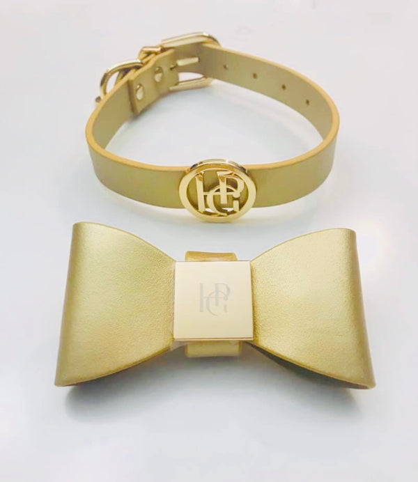 Champagne Leather Bow Dog Collar