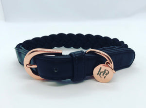 Black Plaited Dog Collar - Rose Gold