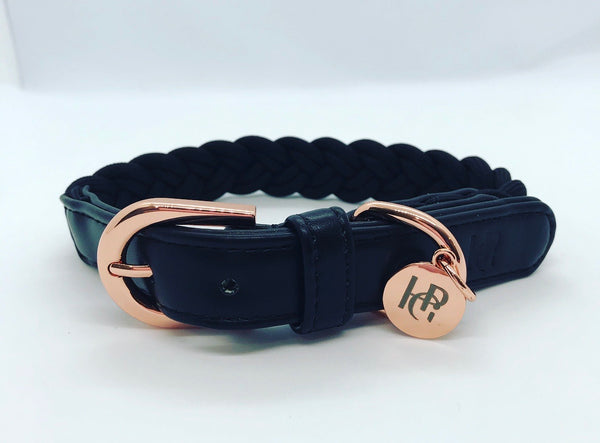 Dog Collar Black Plaited - Rose Gold in