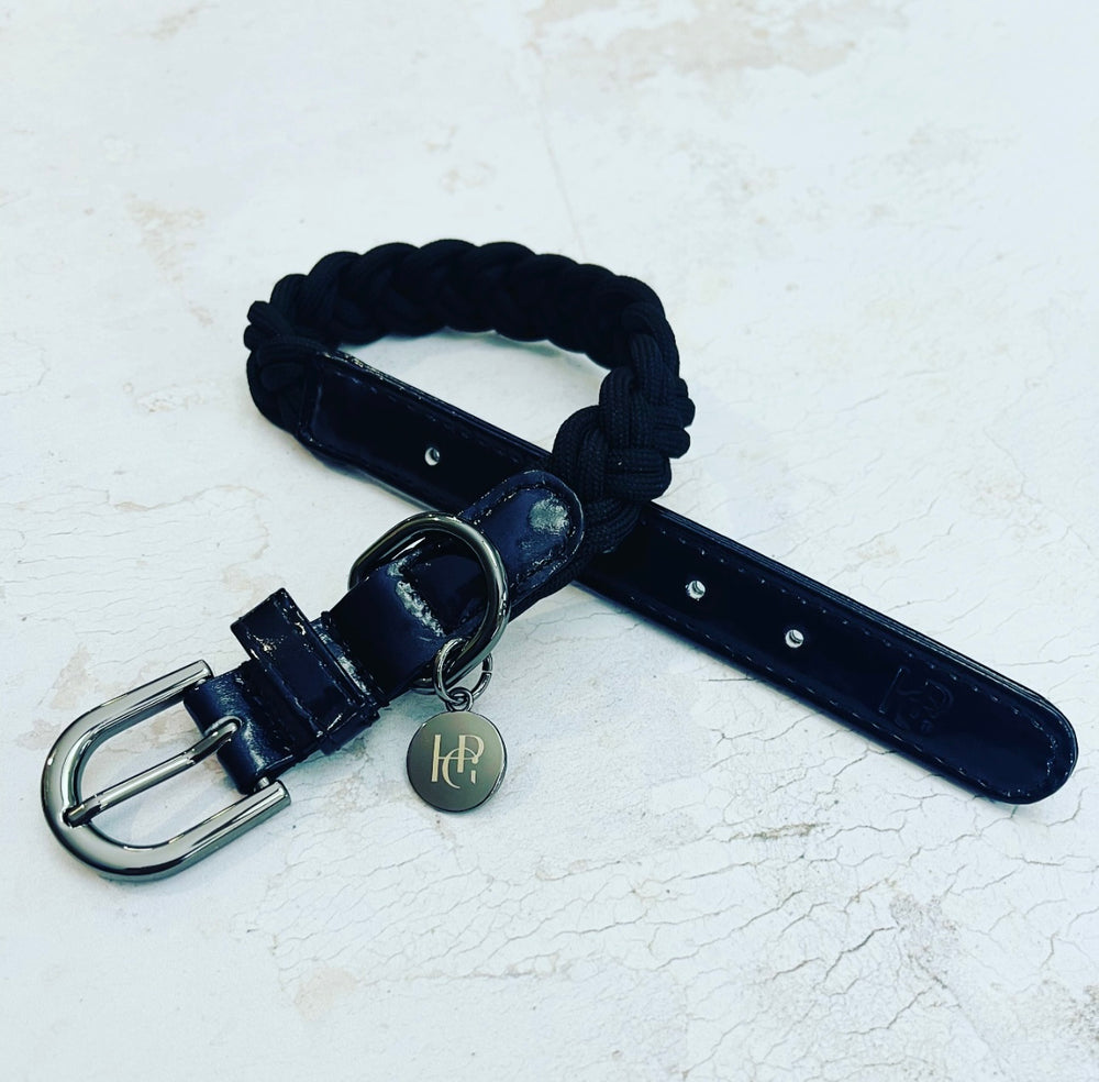 Black Plaited Dog Collar - Gunmetal