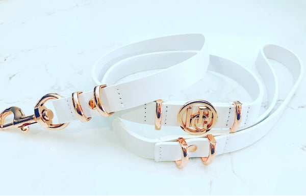 Leather Dog Lead - Snow Drop/Rose Gold